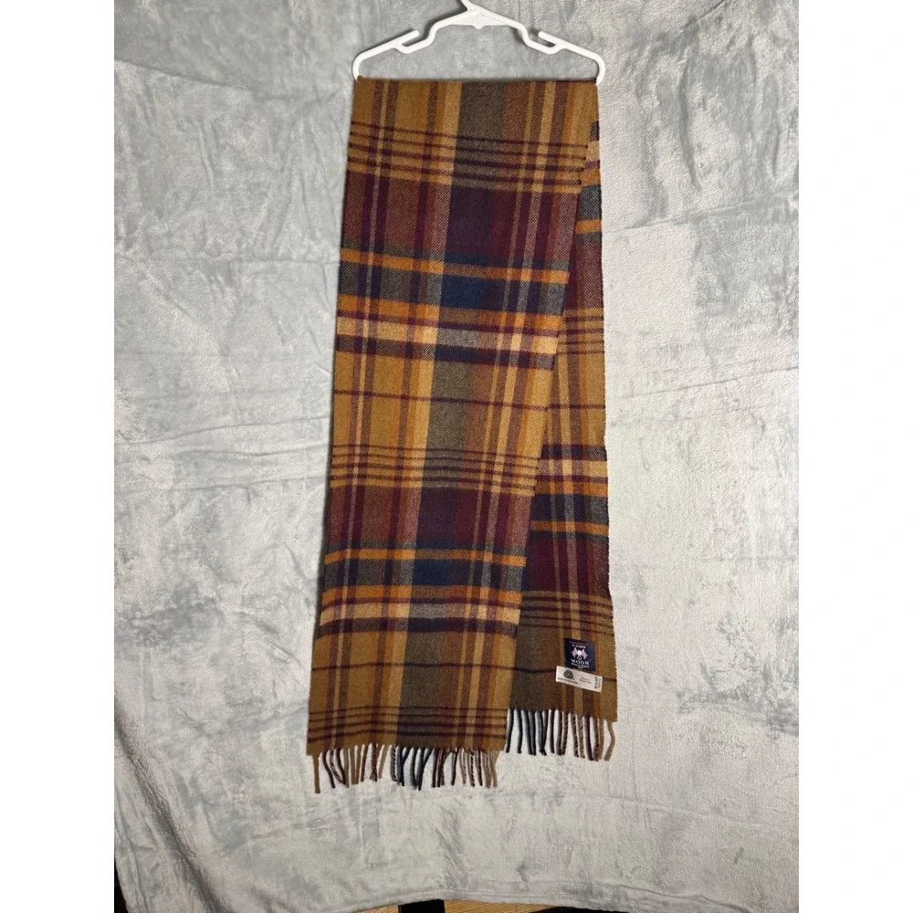 J.Crew Moon Merino Wool Plaid Scarf Made in England Yellow Burgundy Fringed